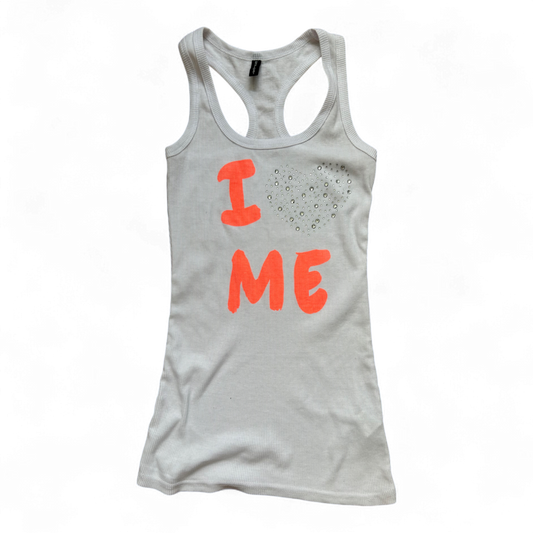 One Love Damen Tanktop S Weiß Baumwolle Print Strass Racerback Sommer