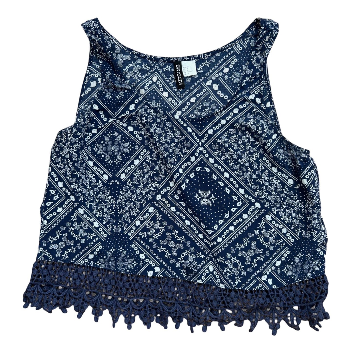 Divided Damen Top 38 Ethno Muster Spitzensaum ärmellos Sommer Viskose Bluse