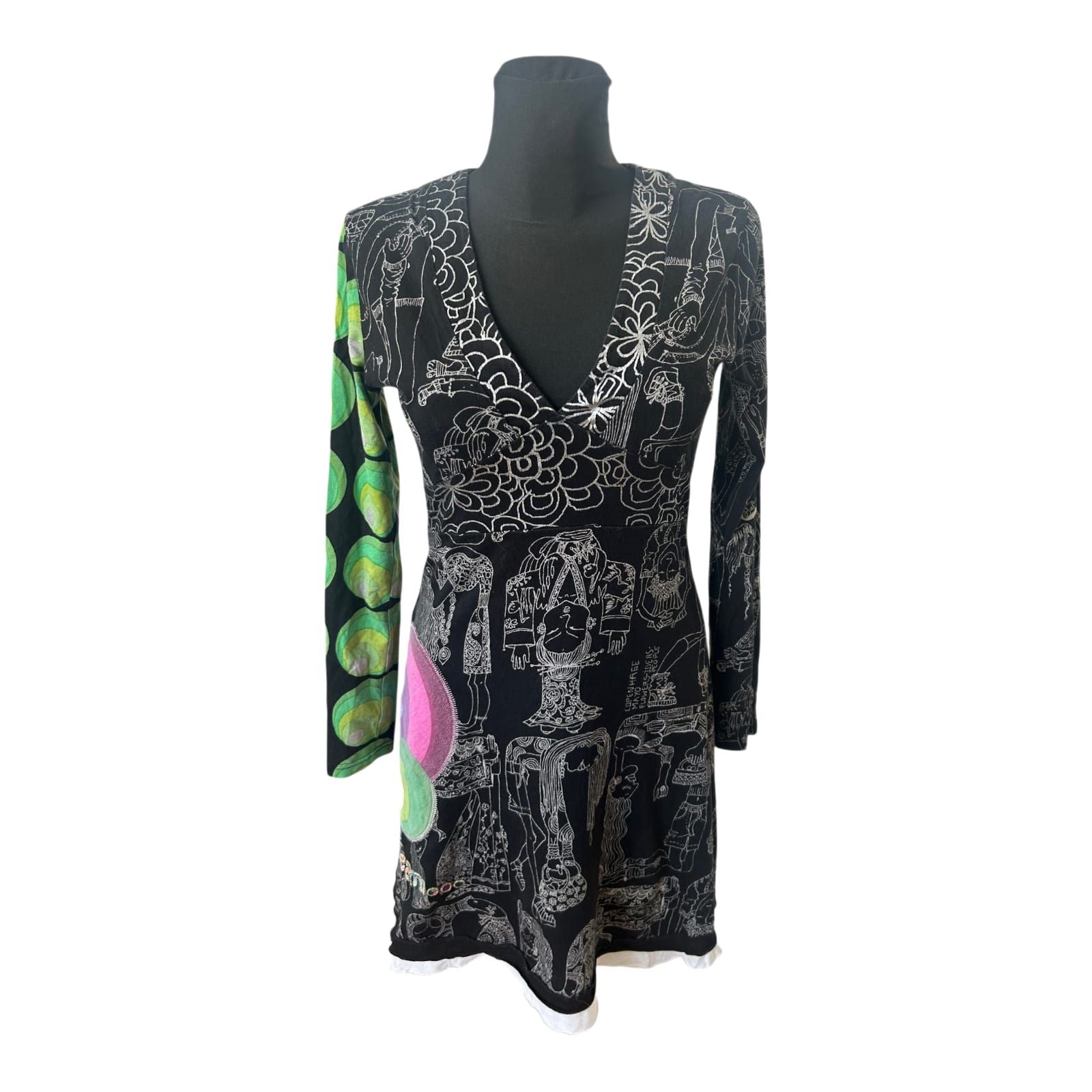 Desigual Kleid Damen Gr L Schwarz Bunt Muster Langarm Baumwolle Boho