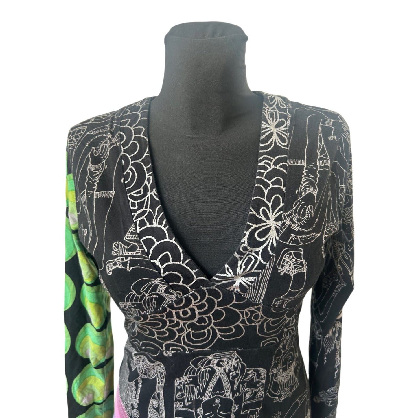 Desigual Kleid Damen Gr L Schwarz Bunt Muster Langarm Baumwolle Boho