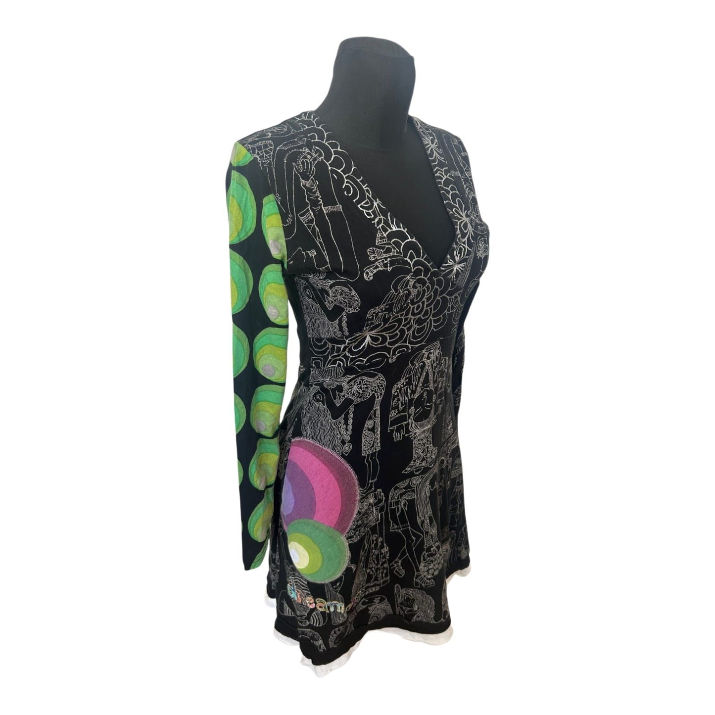 Desigual Kleid Damen Gr L Schwarz Bunt Muster Langarm Baumwolle Boho