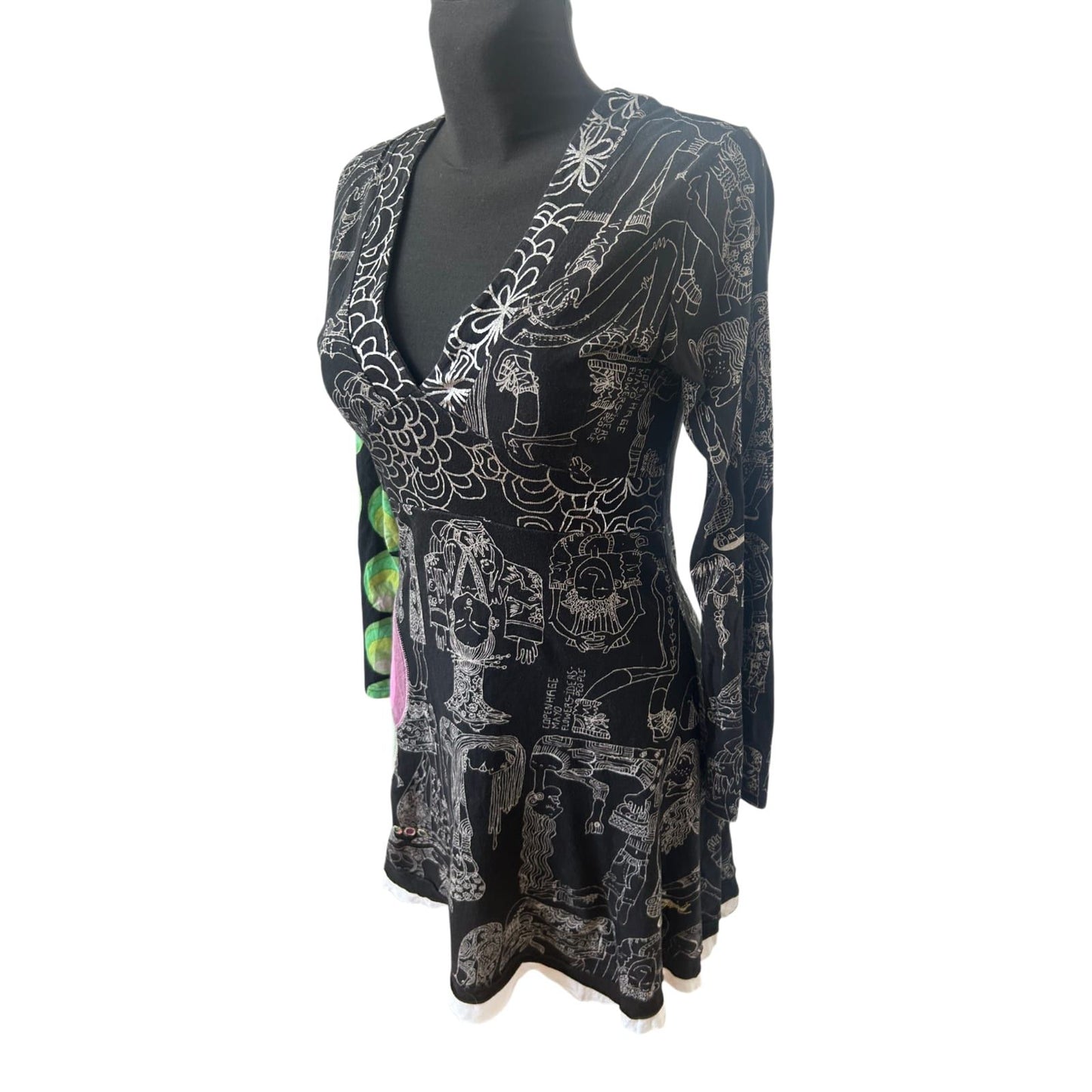 Desigual Kleid Damen Gr L Schwarz Bunt Muster Langarm Baumwolle Boho
