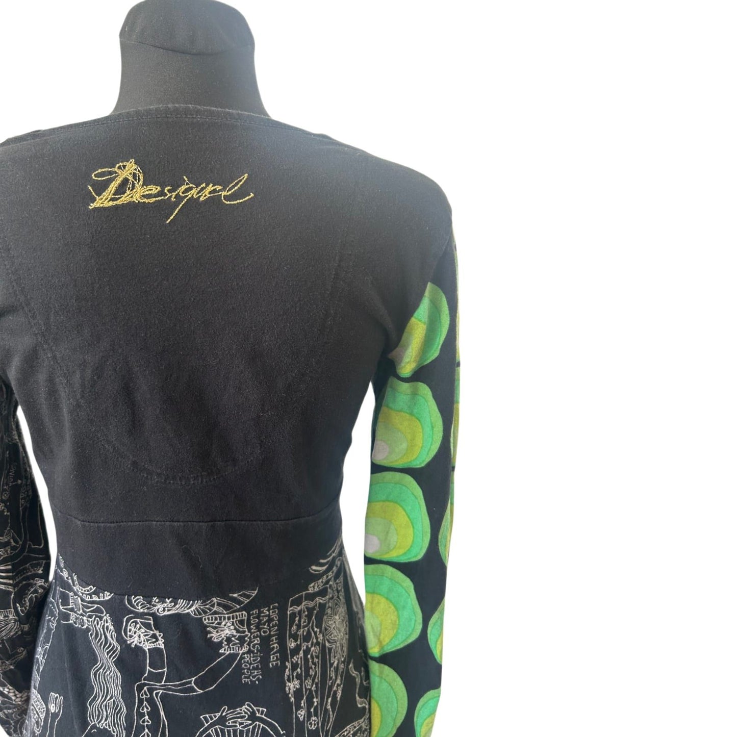 Desigual Kleid Damen Gr L Schwarz Bunt Muster Langarm Baumwolle Boho