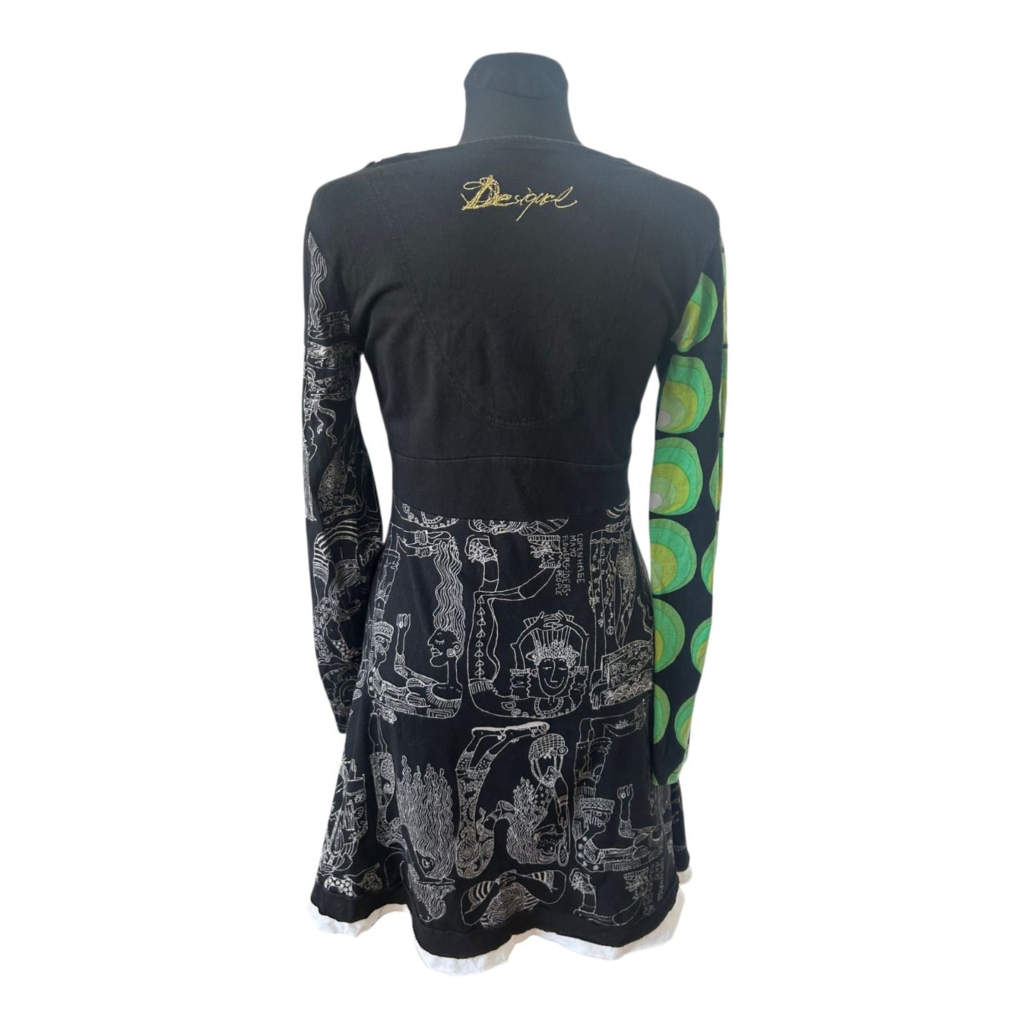 Desigual Kleid Damen Gr L Schwarz Bunt Muster Langarm Baumwolle Boho