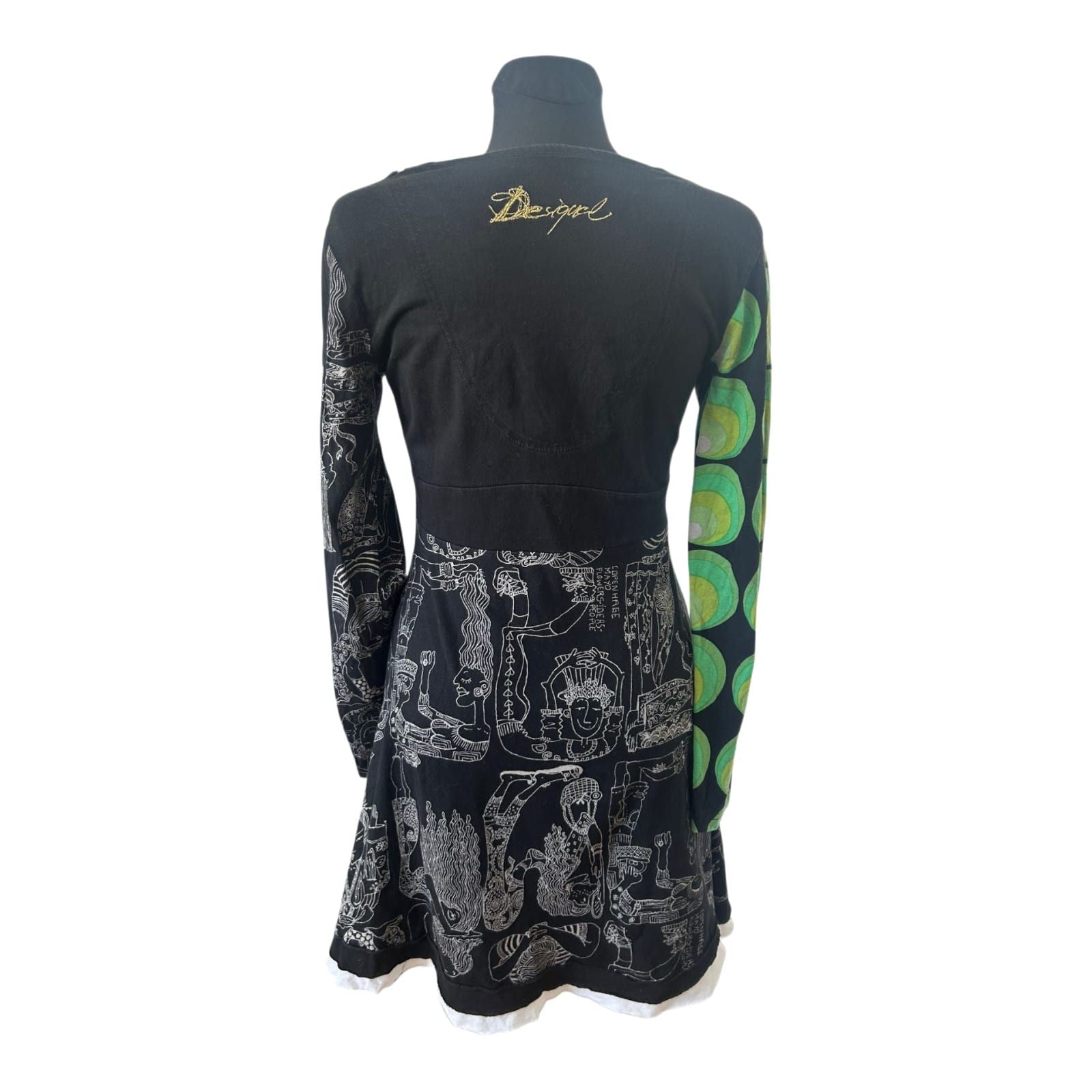 Desigual Kleid Damen Gr L Schwarz Bunt Muster Langarm Baumwolle Boho