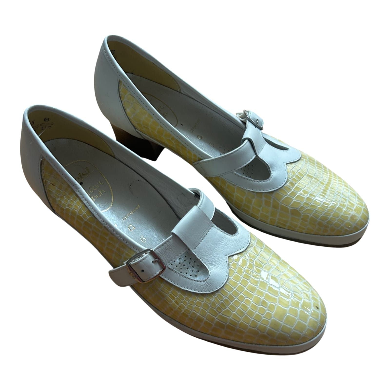 Meisl Comfort Halbschuhe Damen Leder Vintage Made in Germany Gr 38 Gelb Weiß