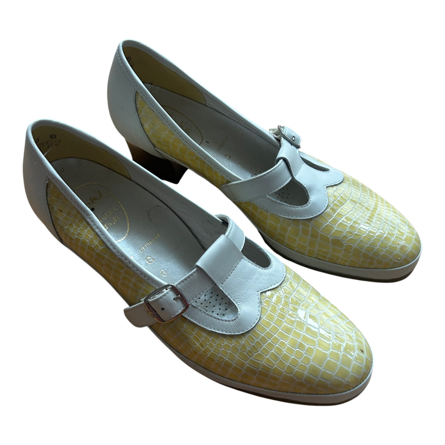 Meisl Comfort Halbschuhe Damen Leder Vintage Made in Germany Gr 38 Gelb Weiß