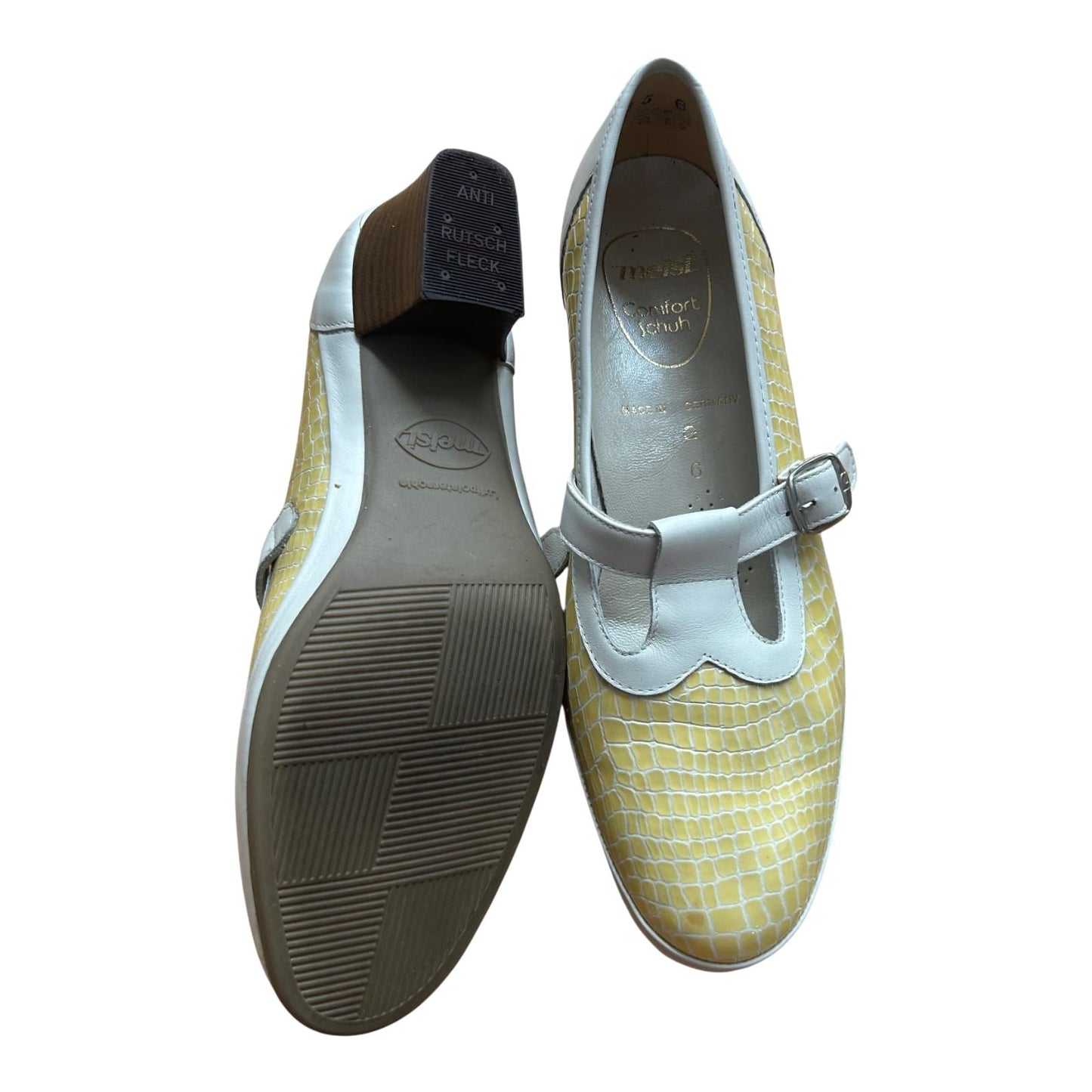 Meisl Comfort Halbschuhe Damen Leder Vintage Made in Germany Gr 38 Gelb Weiß