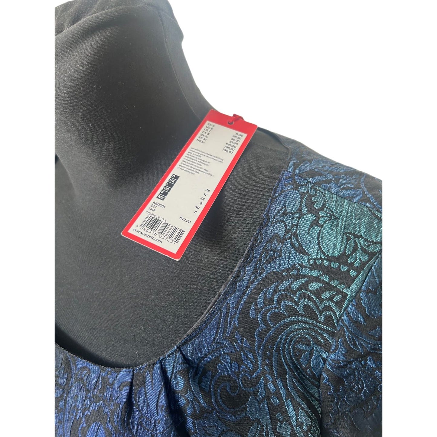 Esprit Kleid Damen Gr 38 Blau Schwarz Elegant Festlich Glanz Muster Neu
