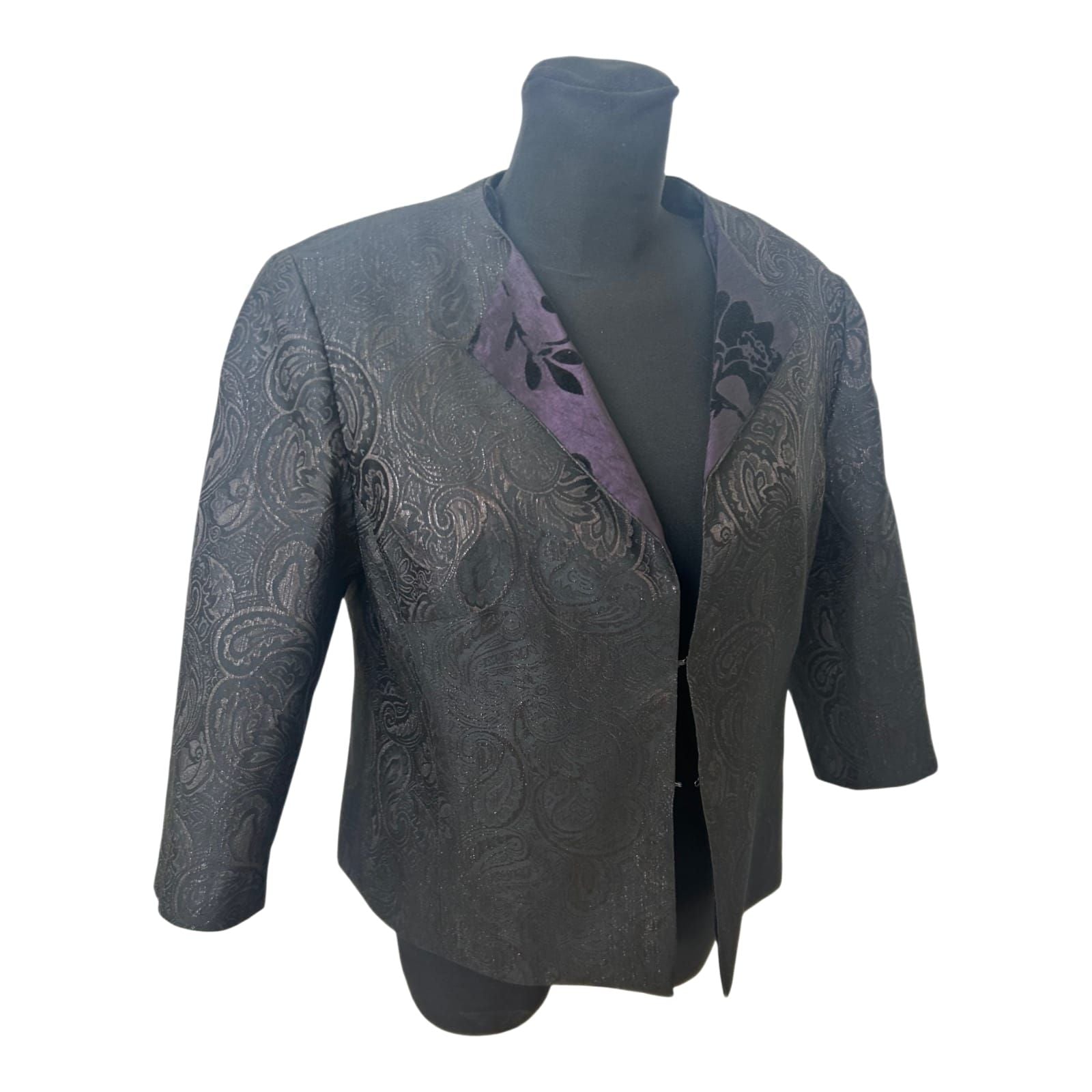 Damen Blazer Schwarz Paisley Gr. L Muster Elegant Kurzjacke Dreiviertelarm