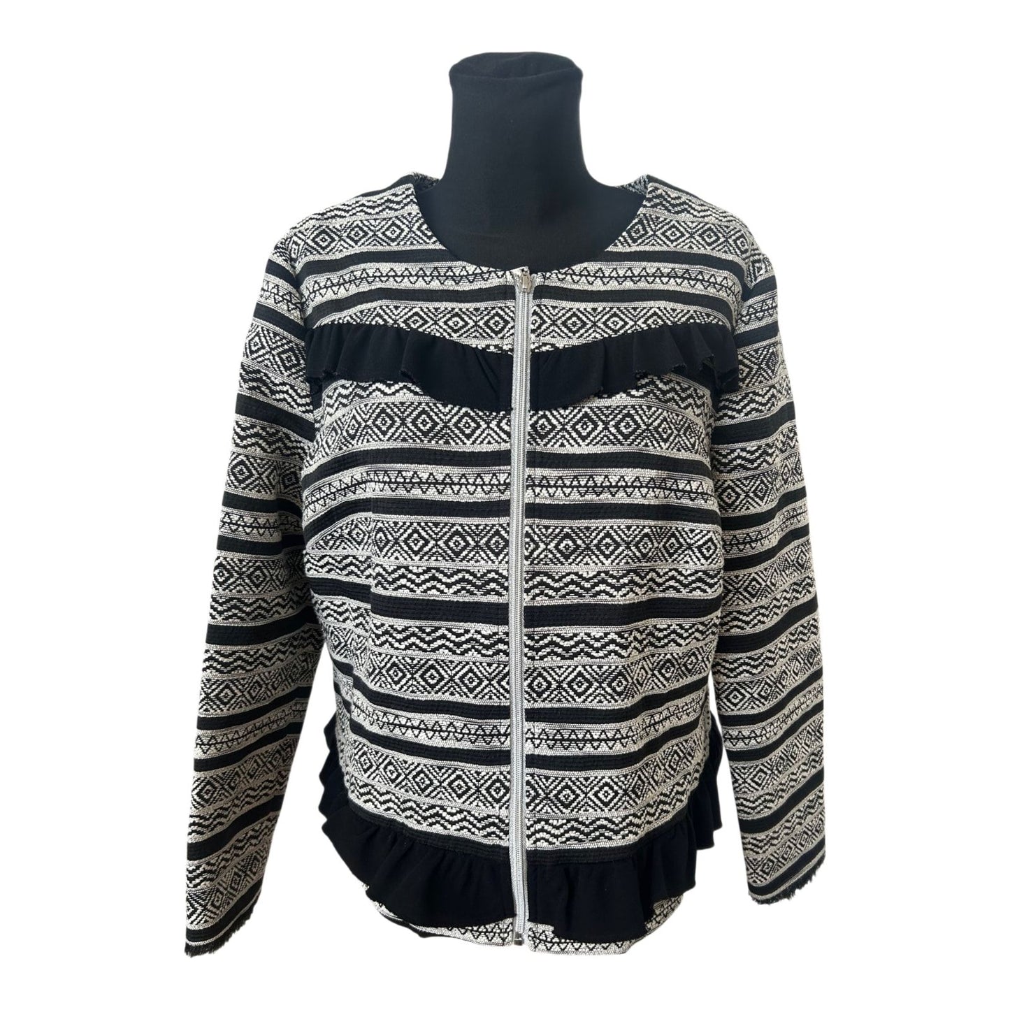 Damen Jacke Gr 48 Schwarz Weiss Ethno Muster Rüschen Reißverschluss