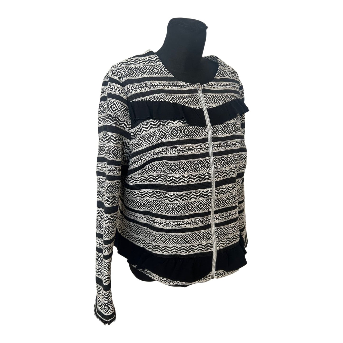 Damen Jacke Gr 48 Schwarz Weiss Ethno Muster Rüschen Reißverschluss