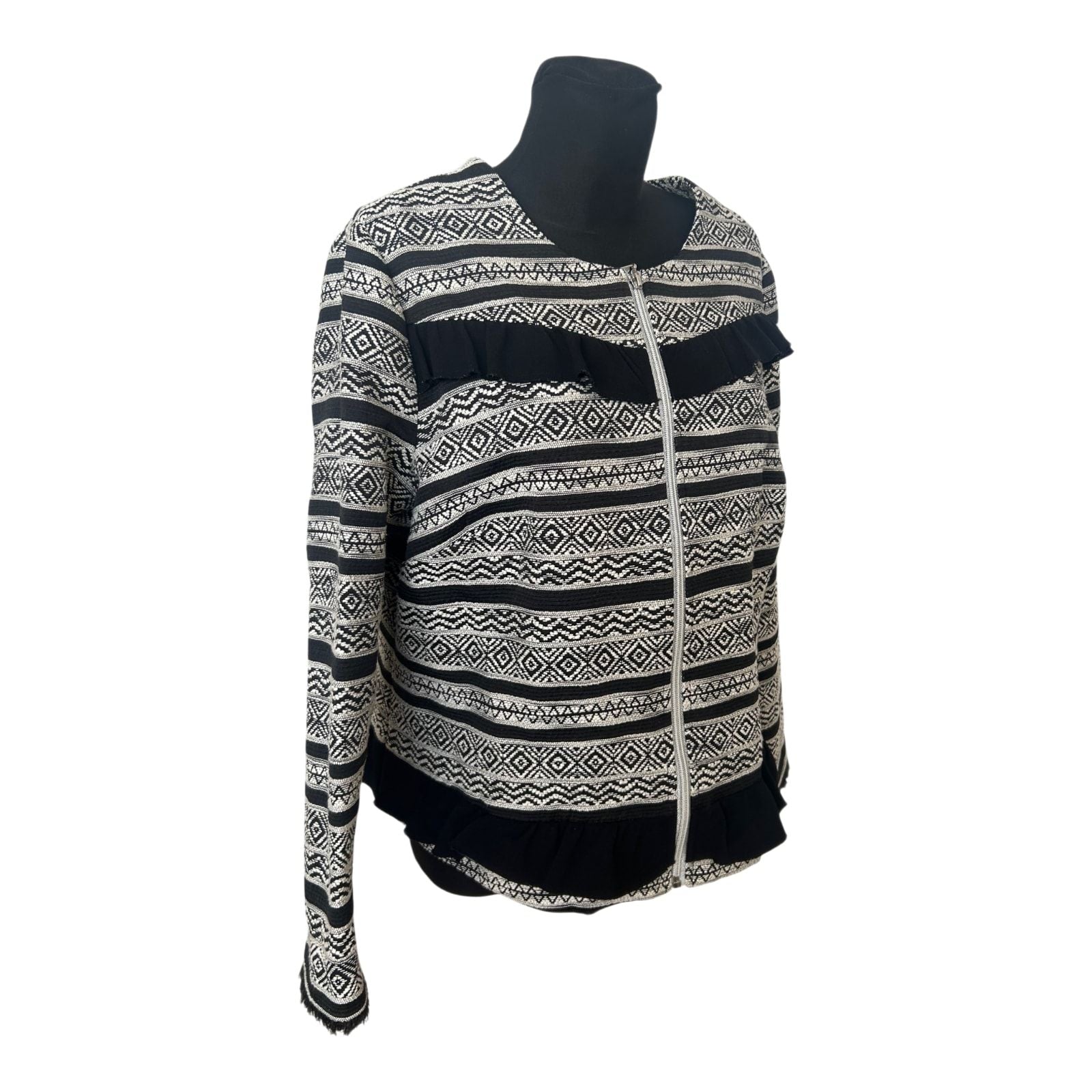 Damen Jacke Gr 48 Schwarz Weiss Ethno Muster Rüschen Reißverschluss