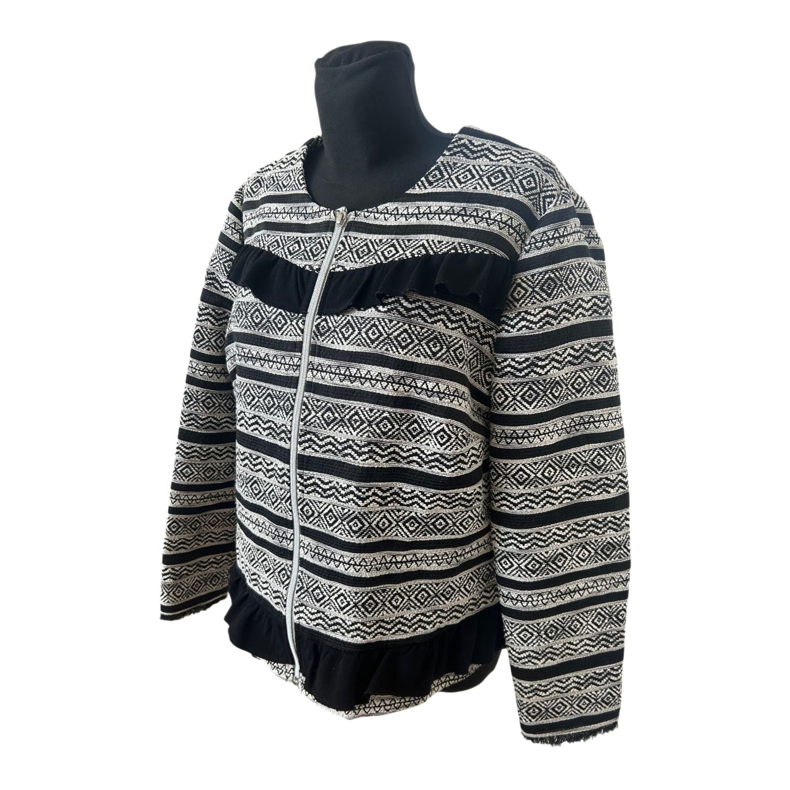Damen Jacke Gr 48 Schwarz Weiss Ethno Muster Rüschen Reißverschluss