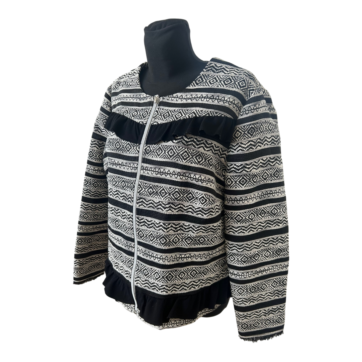 Damen Jacke Gr 48 Schwarz Weiss Ethno Muster Rüschen Reißverschluss