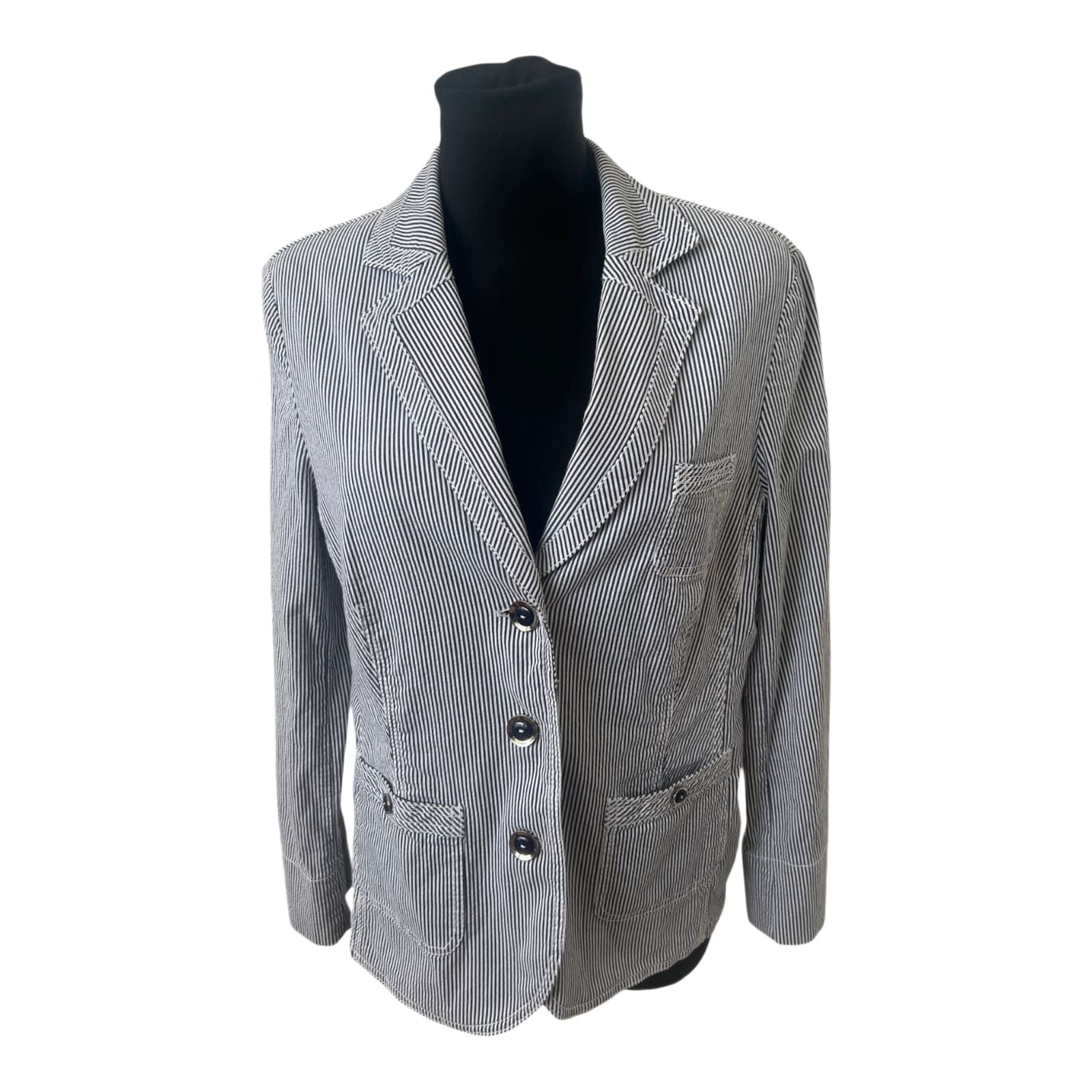 Walbusch Blazer Damen Gr. 42 Streifen Blau Weiß Maritim Elastan Elegant