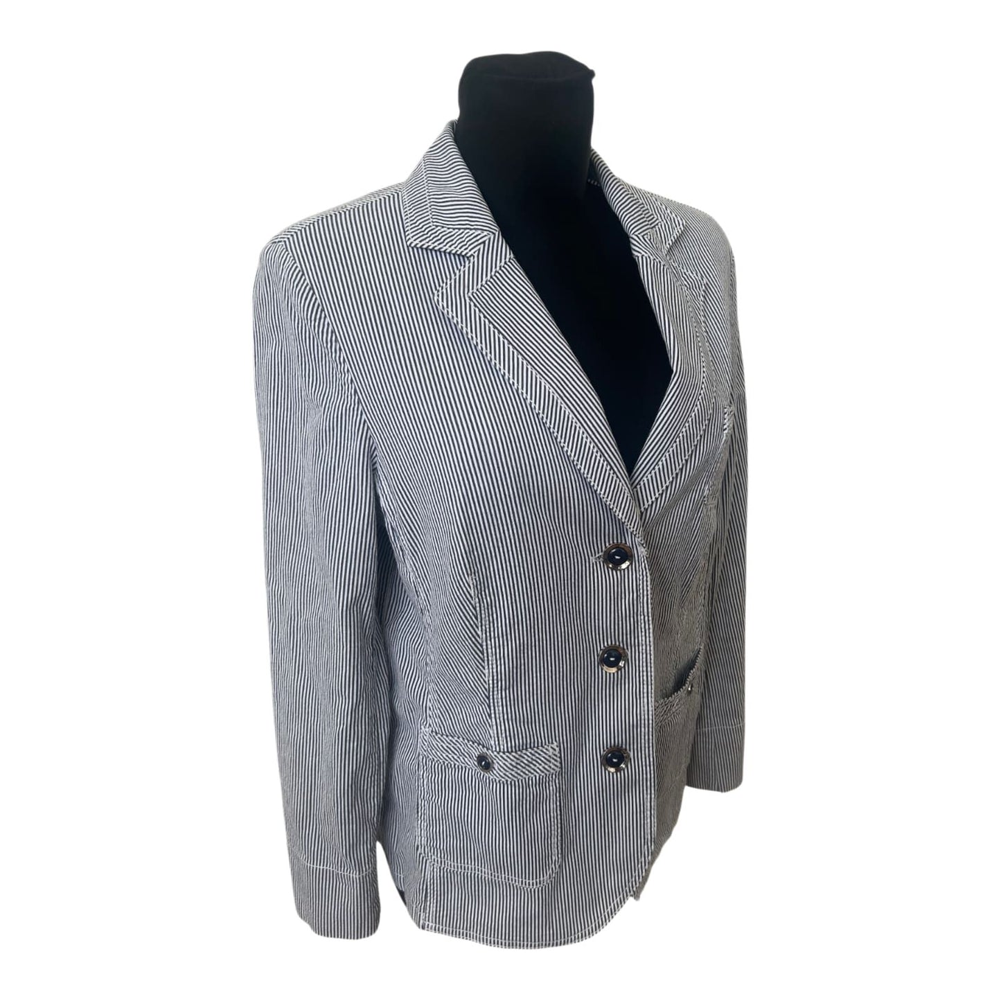 Walbusch Blazer Damen Gr. 42 Streifen Blau Weiß Maritim Elastan Elegant