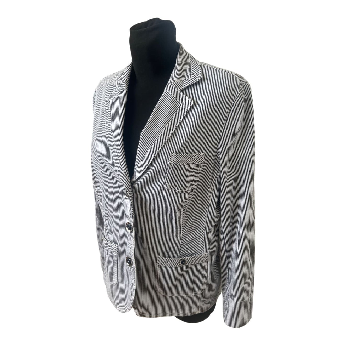 Walbusch Blazer Damen Gr. 42 Streifen Blau Weiß Maritim Elastan Elegant