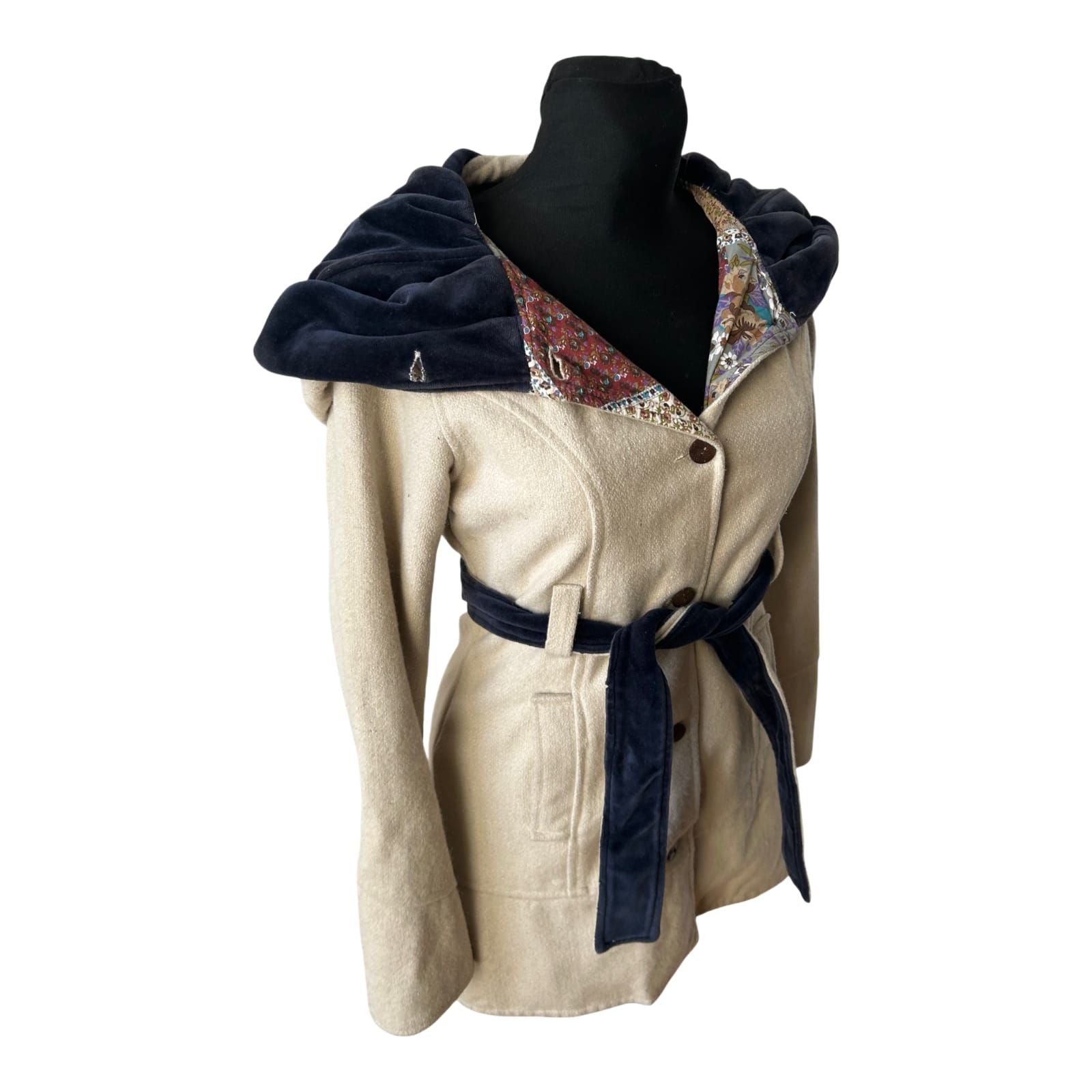 Wendejacke Damen XS Wollanteil Patchwork Kapuze Samtdetails Tailliert Beige Bunt