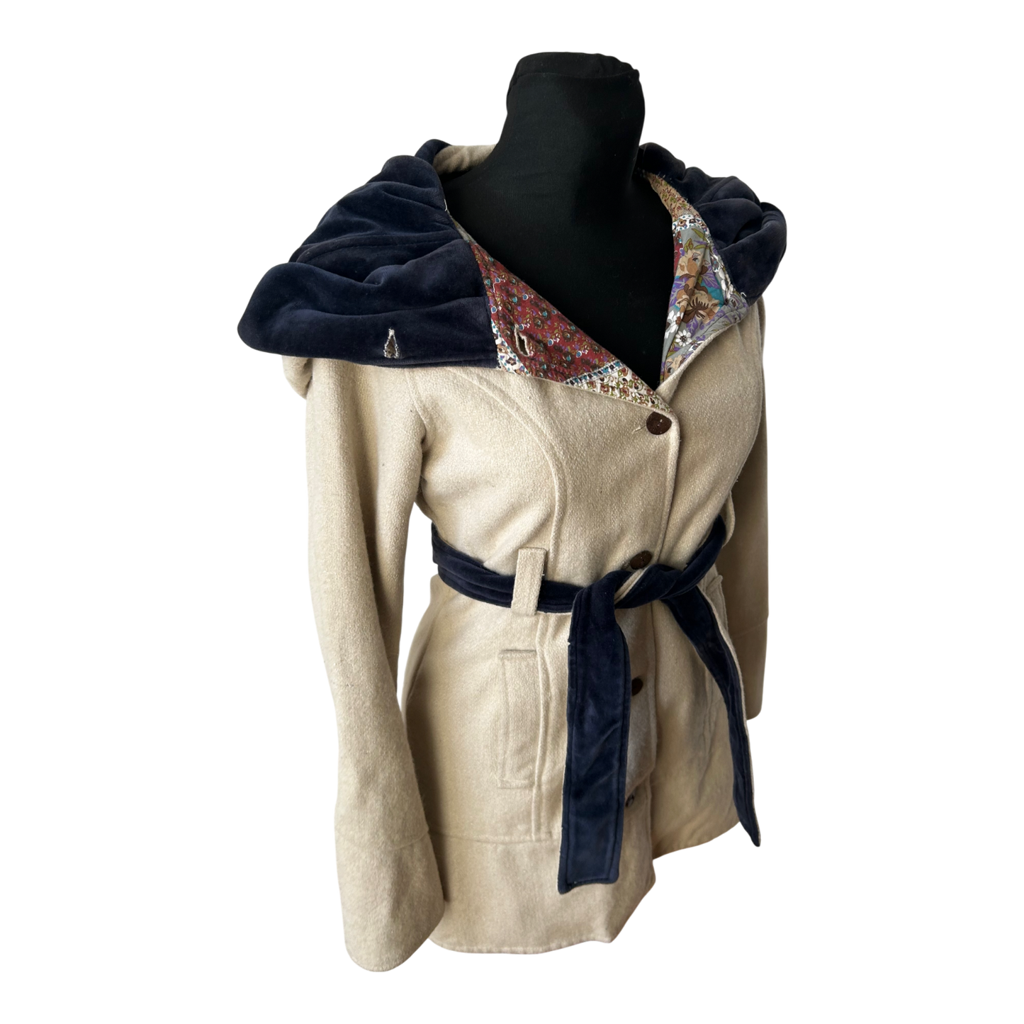 Wendejacke Damen XS Wollanteil Patchwork Kapuze Samtdetails Tailliert Beige Bunt