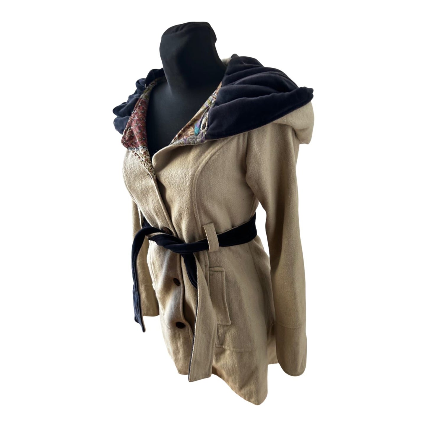 Wendejacke Damen XS Wollanteil Patchwork Kapuze Samtdetails Tailliert Beige Bunt