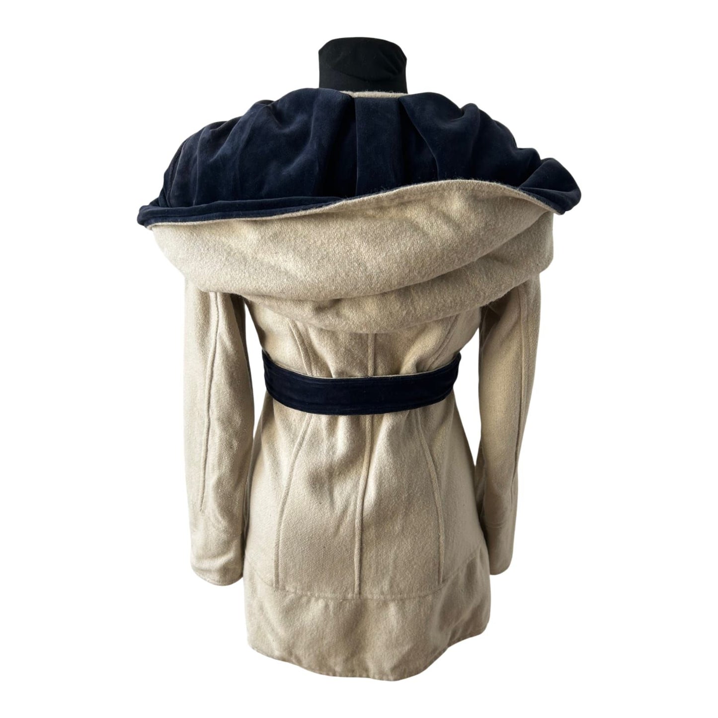 Wendejacke Damen XS Wollanteil Patchwork Kapuze Samtdetails Tailliert Beige Bunt