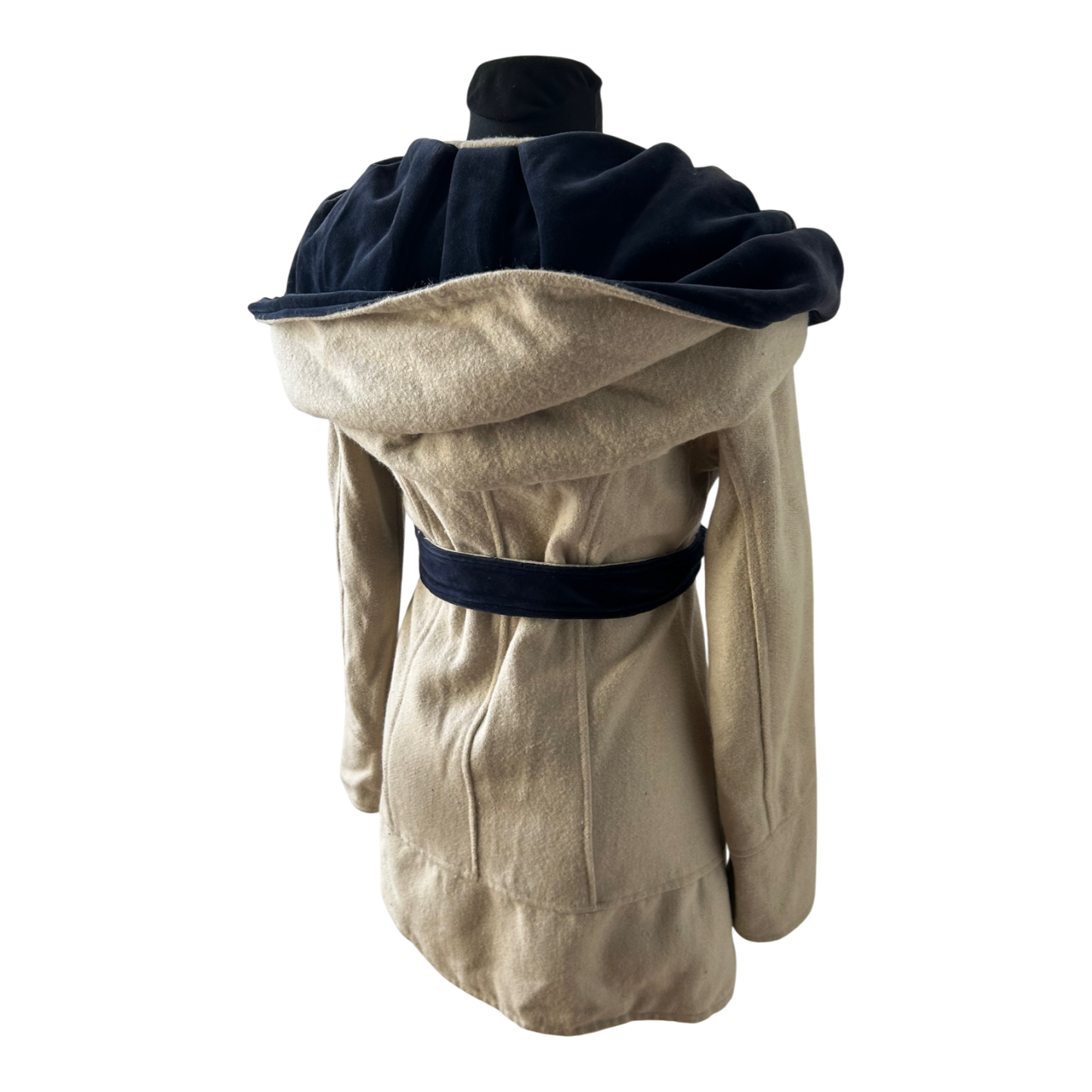 Wendejacke Damen XS Wollanteil Patchwork Kapuze Samtdetails Tailliert Beige Bunt