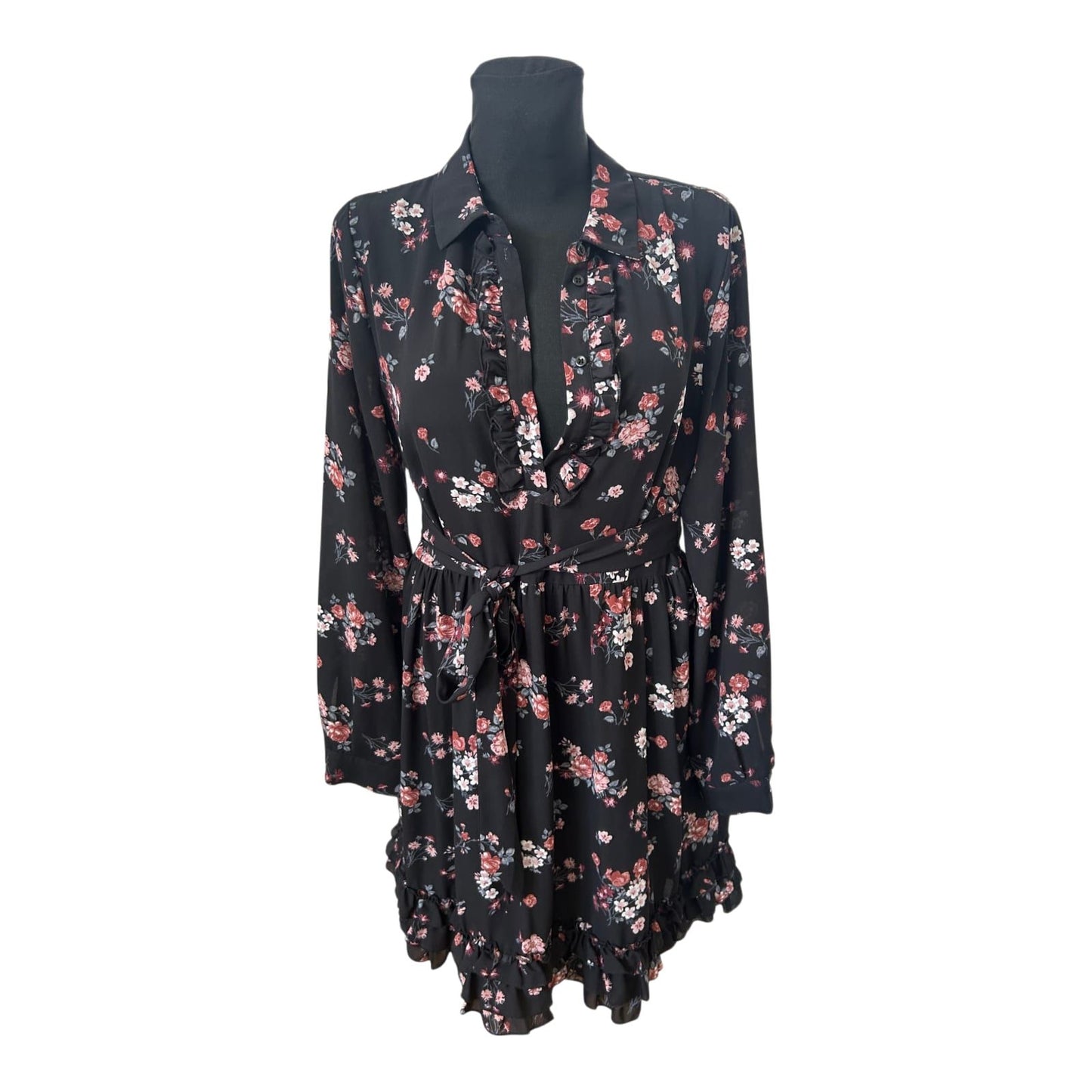Kocca Kleid Damen Gr L Schwarz Blumen Rüschen Bindegürtel Elegant Romantik