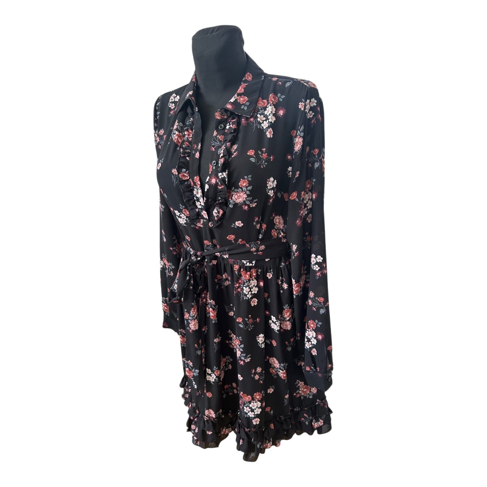 Kocca Kleid Damen Gr L Schwarz Blumen Rüschen Bindegürtel Elegant Romantik