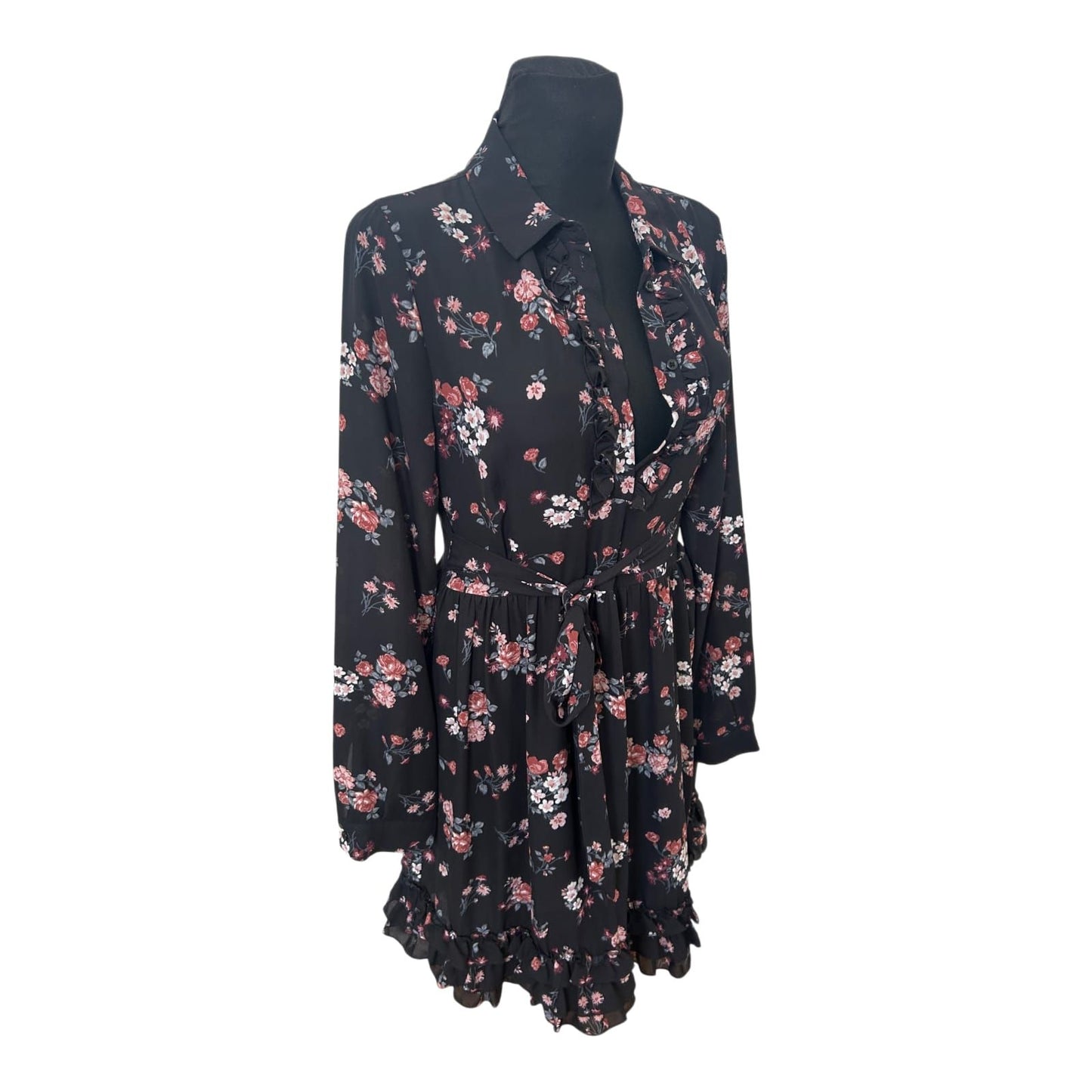 Kocca Kleid Damen Gr L Schwarz Blumen Rüschen Bindegürtel Elegant Romantik