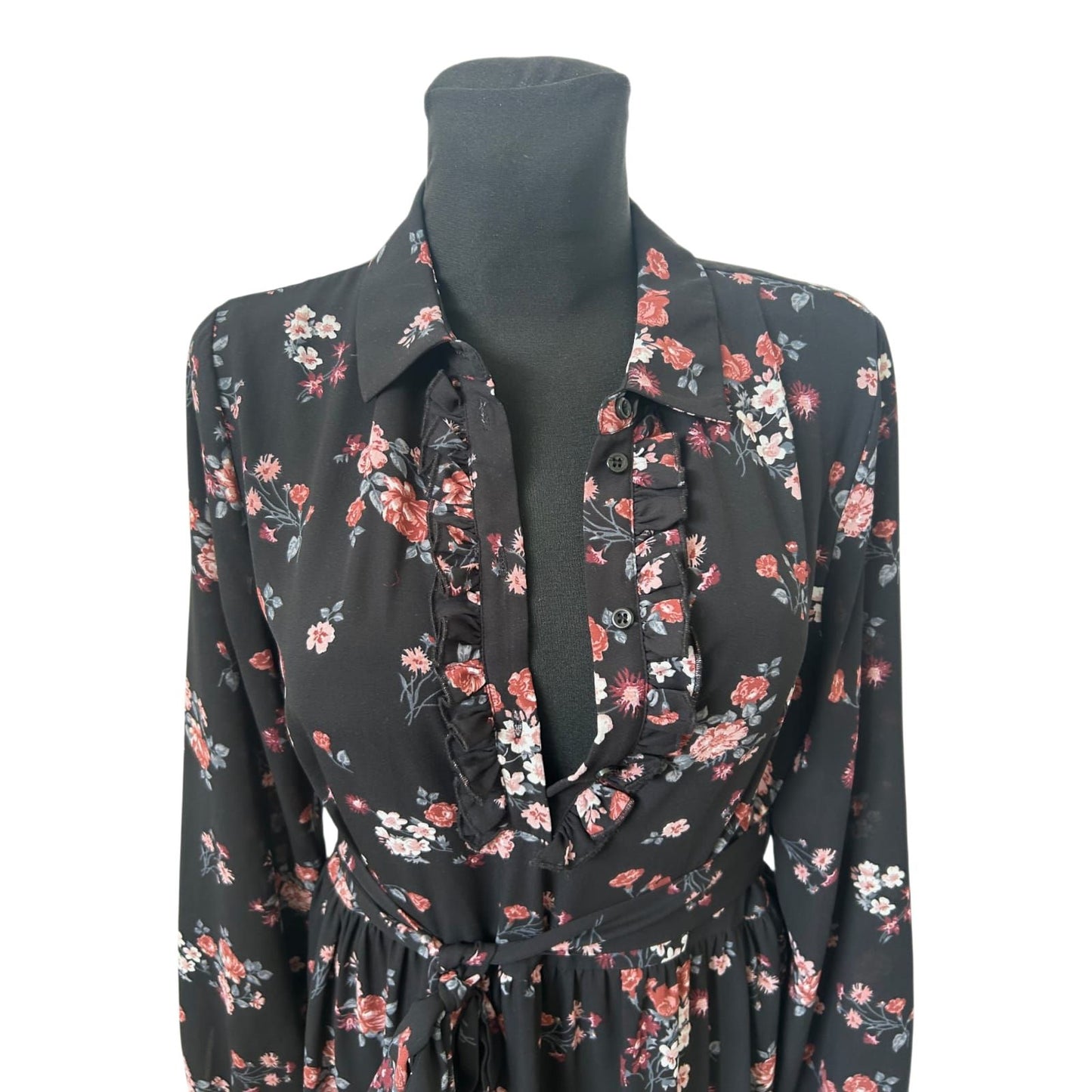 Kocca Kleid Damen Gr L Schwarz Blumen Rüschen Bindegürtel Elegant Romantik