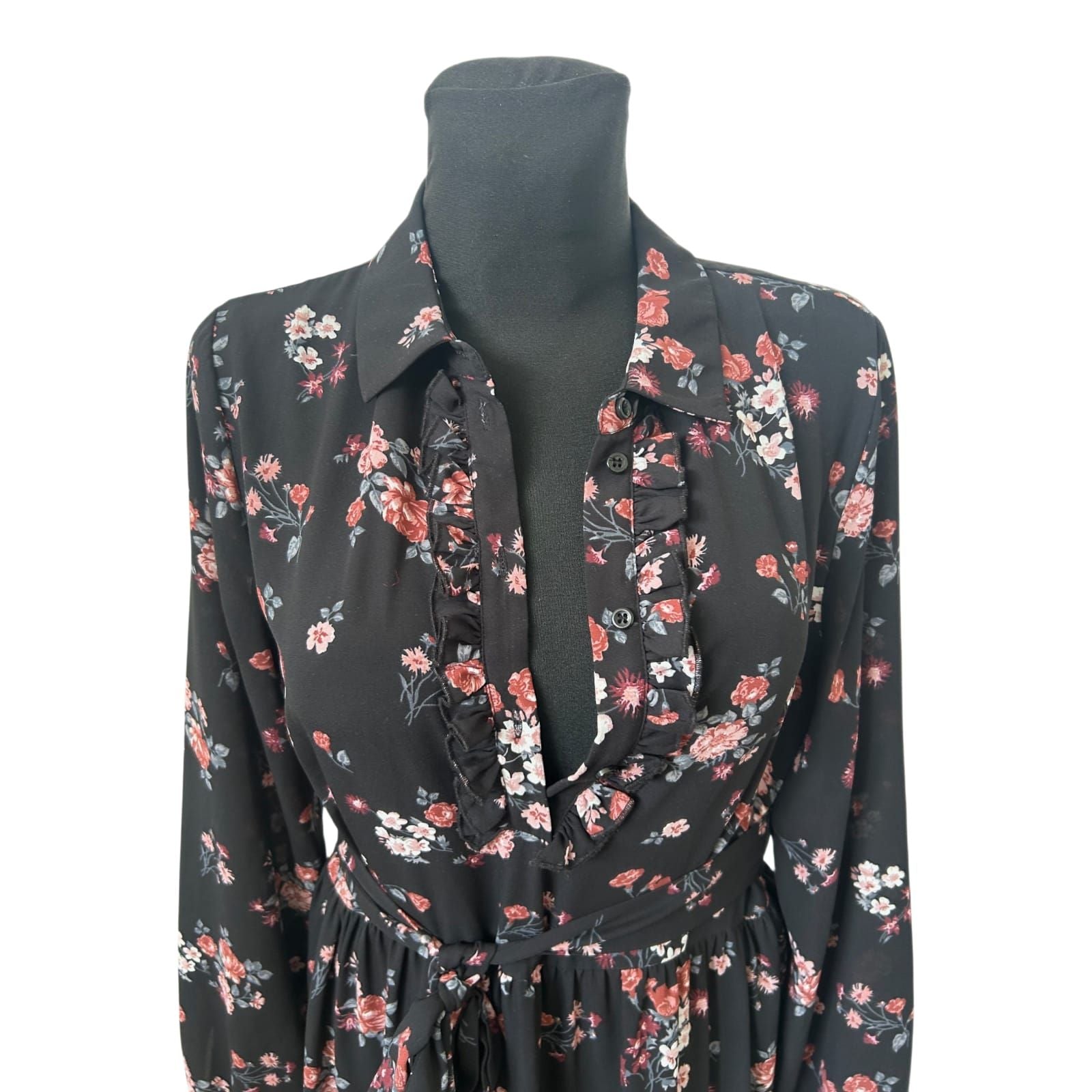 Kocca Kleid Damen Gr L Schwarz Blumen Rüschen Bindegürtel Elegant Romantik