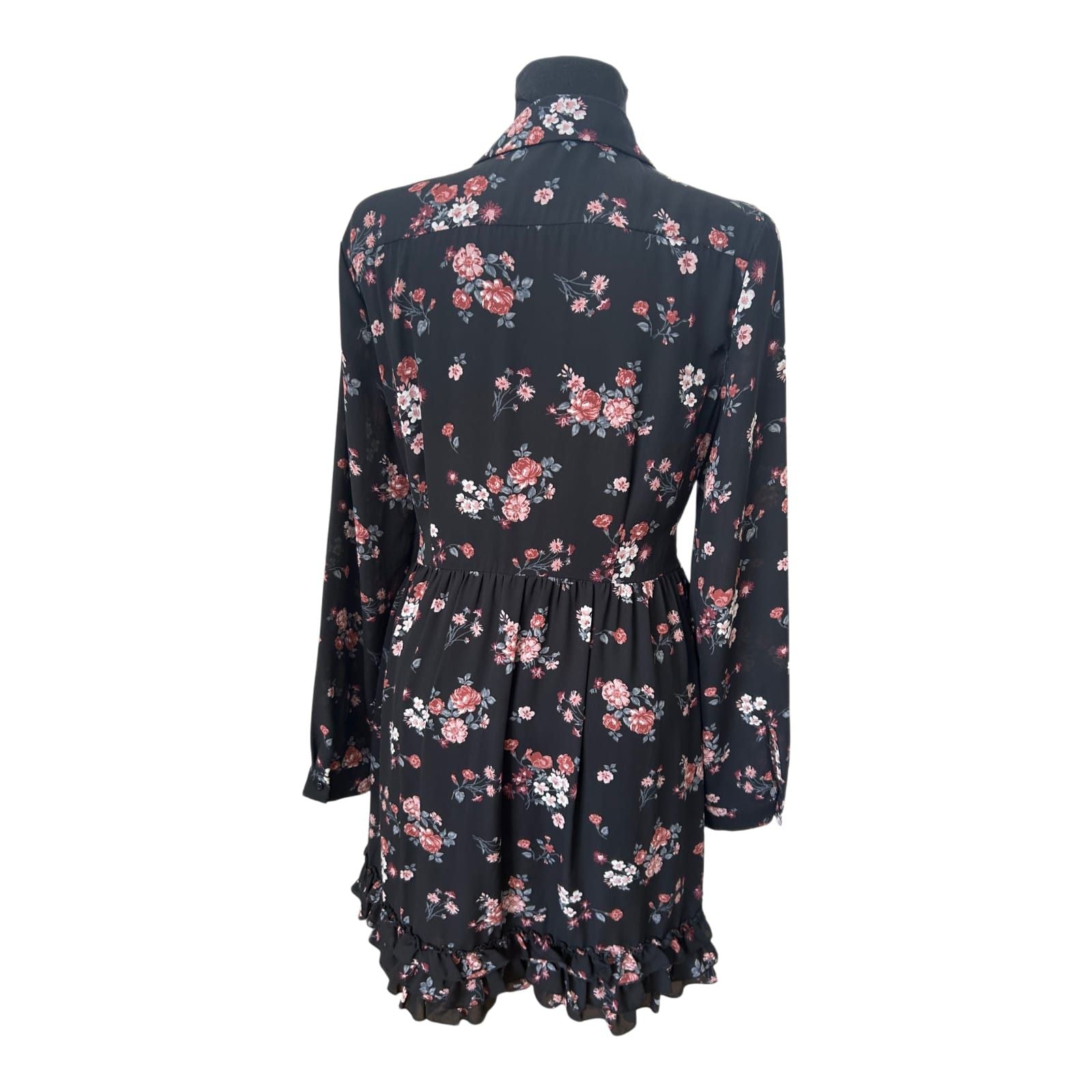Kocca Kleid Damen Gr L Schwarz Blumen Rüschen Bindegürtel Elegant Romantik