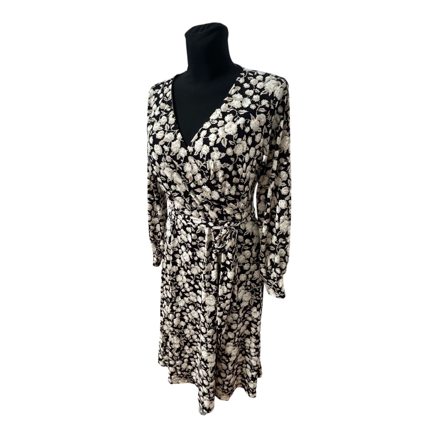 H&M Kleid Damen Gr M Wickeloptik Blumen Midikleid Schwarz Elegant Neu Chic