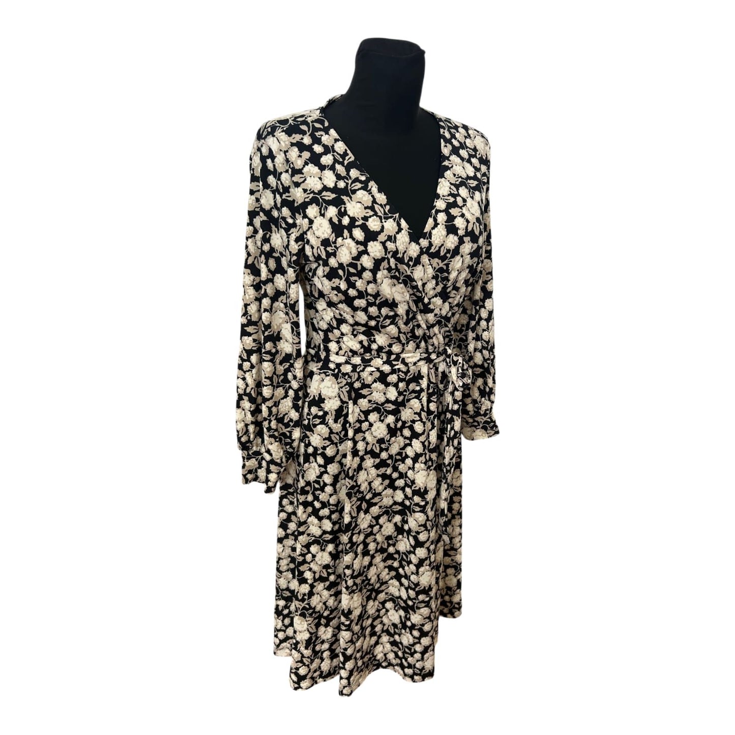 H&M Kleid Damen Gr M Wickeloptik Blumen Midikleid Schwarz Elegant Neu Chic