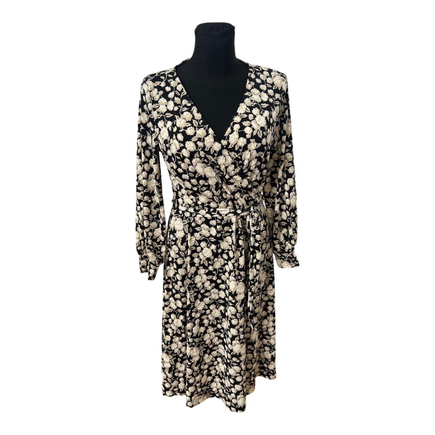 H&M Kleid Damen Gr M Wickeloptik Blumen Midikleid Schwarz Elegant Neu Chic
