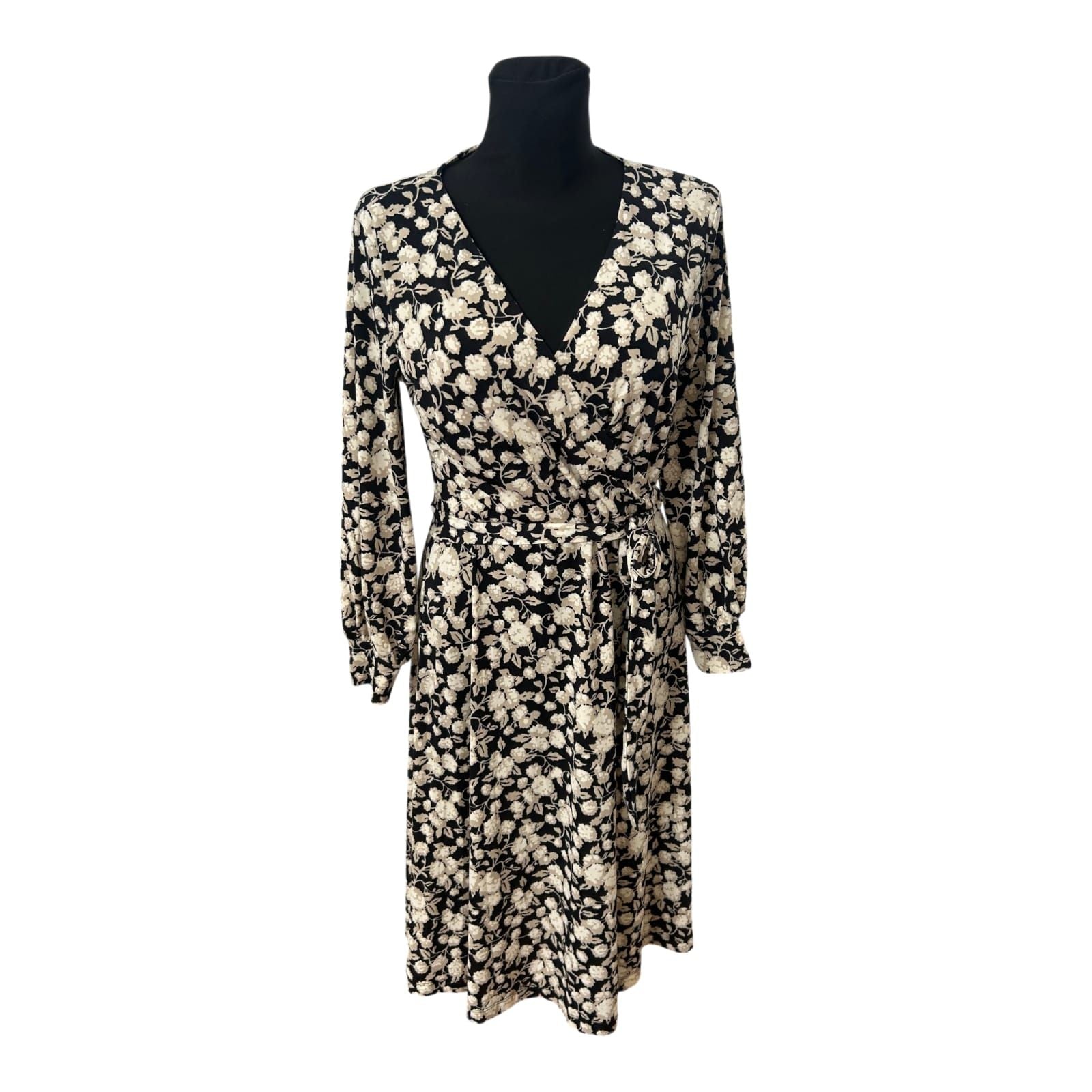H&M Kleid Damen Gr M Wickeloptik Blumen Midikleid Schwarz Elegant Neu Chic