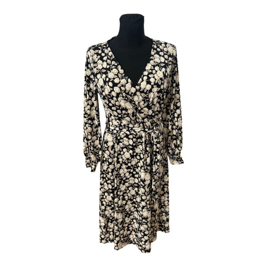 H&M Kleid Damen Gr M Wickeloptik Blumen Midikleid Schwarz Elegant Neu Chic