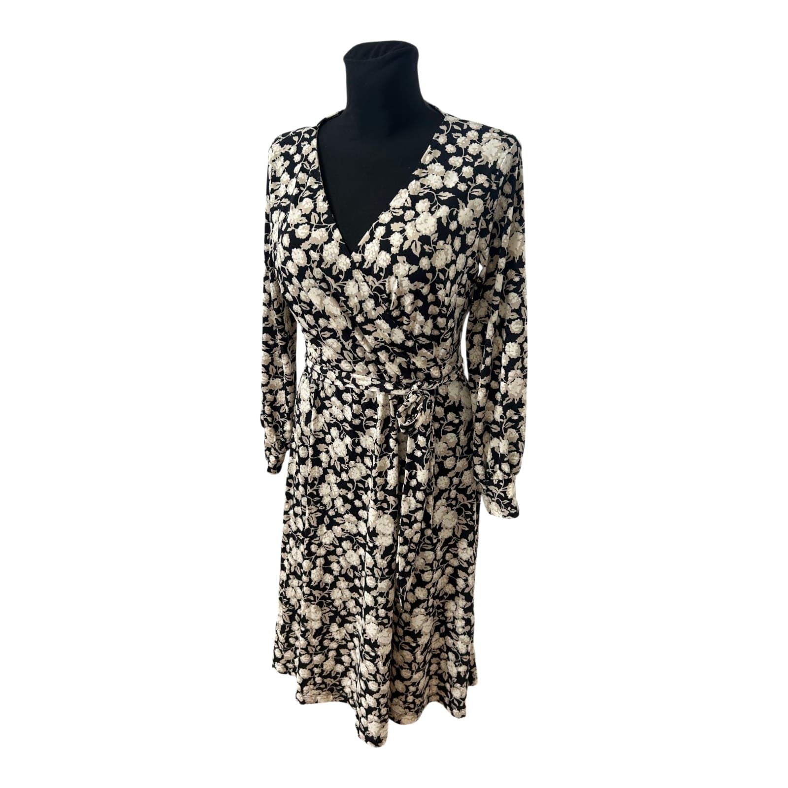 H&M Kleid Damen Gr M Wickeloptik Blumen Midikleid Schwarz Elegant Neu Chic