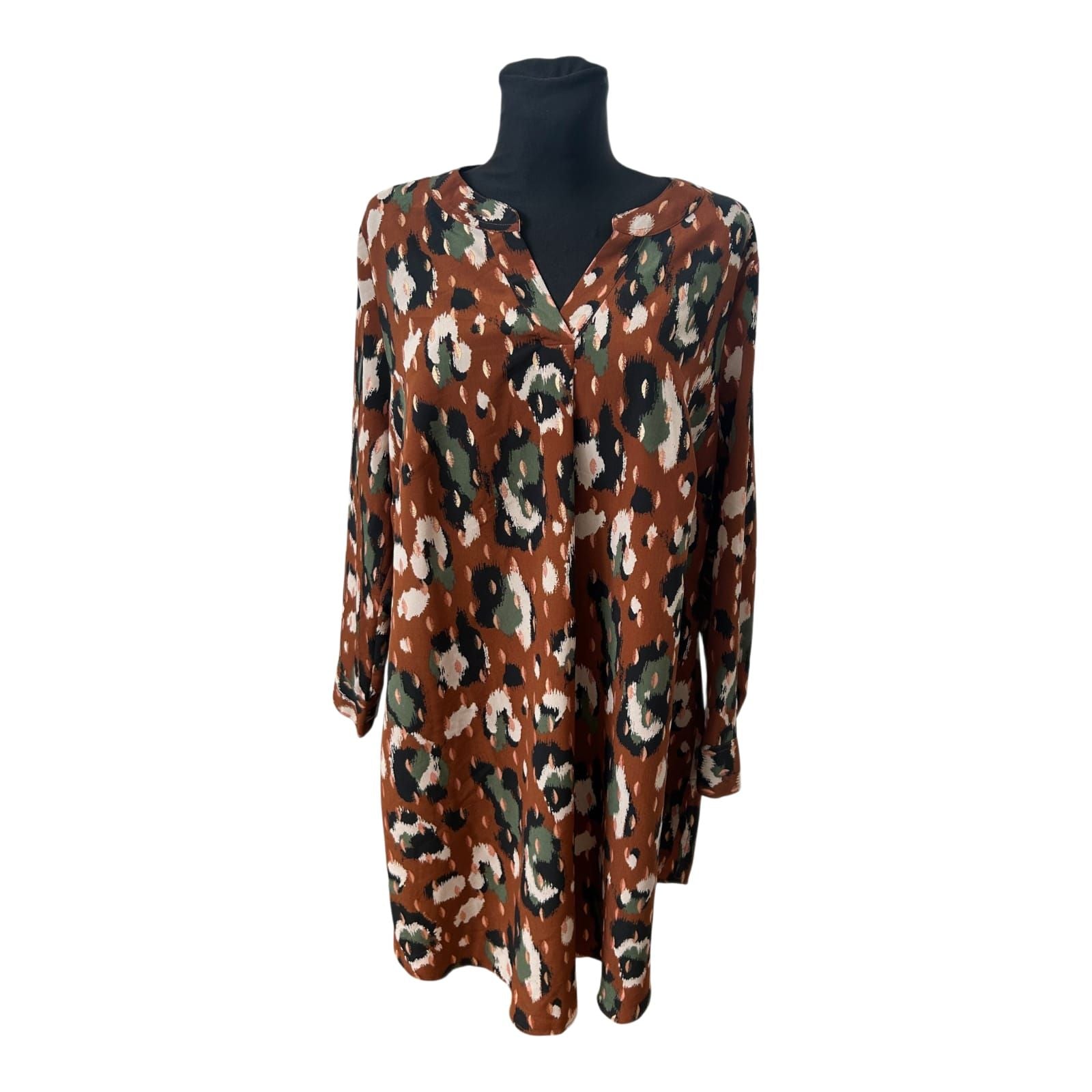 Mia Moda Kleid Damen Gr 50 Braun Animal Print V Ausschnitt Langarm Elegant