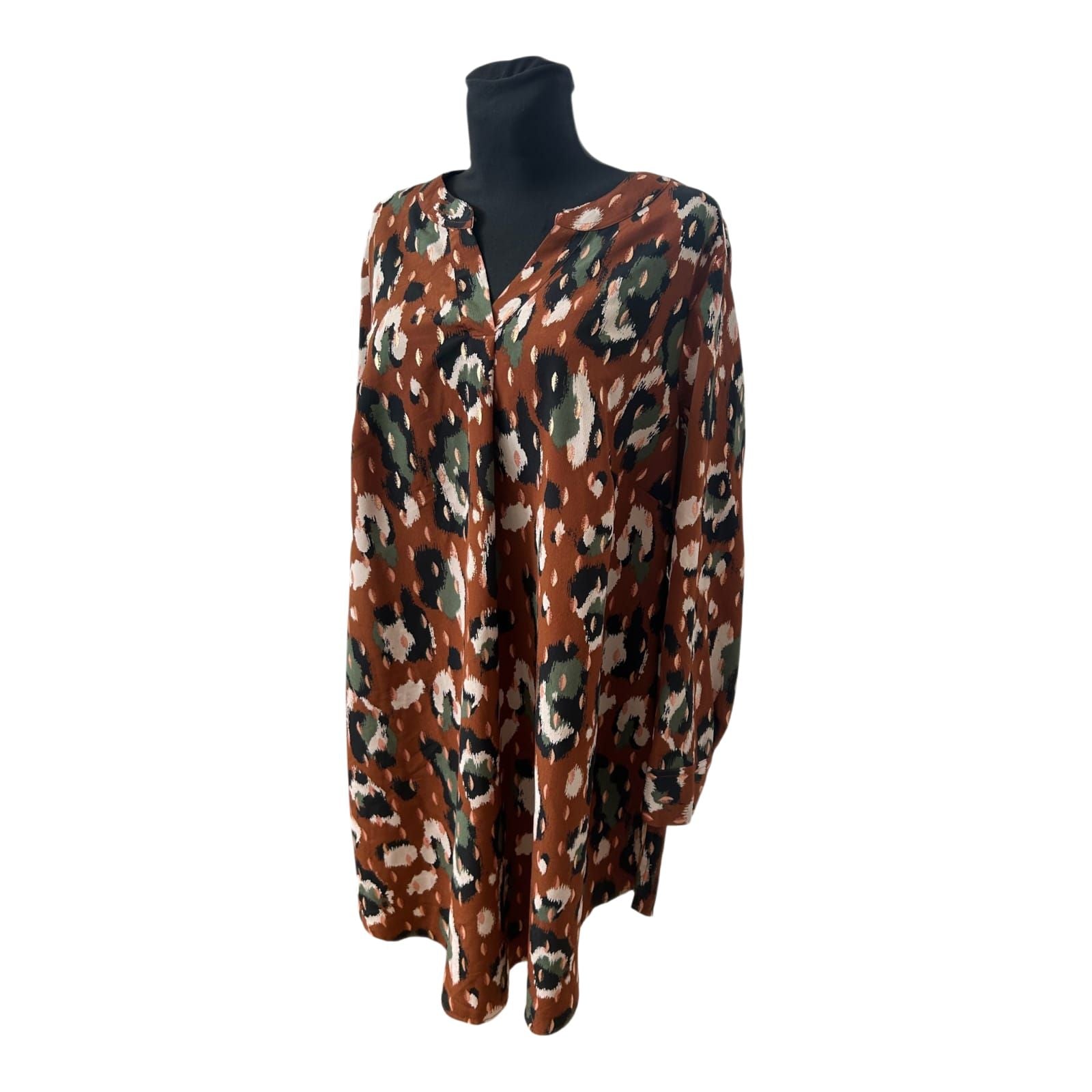 Mia Moda Kleid Damen Gr 50 Braun Animal Print V Ausschnitt Langarm Elegant