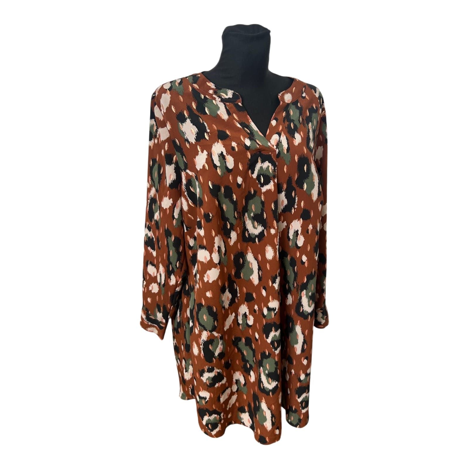 Mia Moda Kleid Damen Gr 50 Braun Animal Print V Ausschnitt Langarm Elegant
