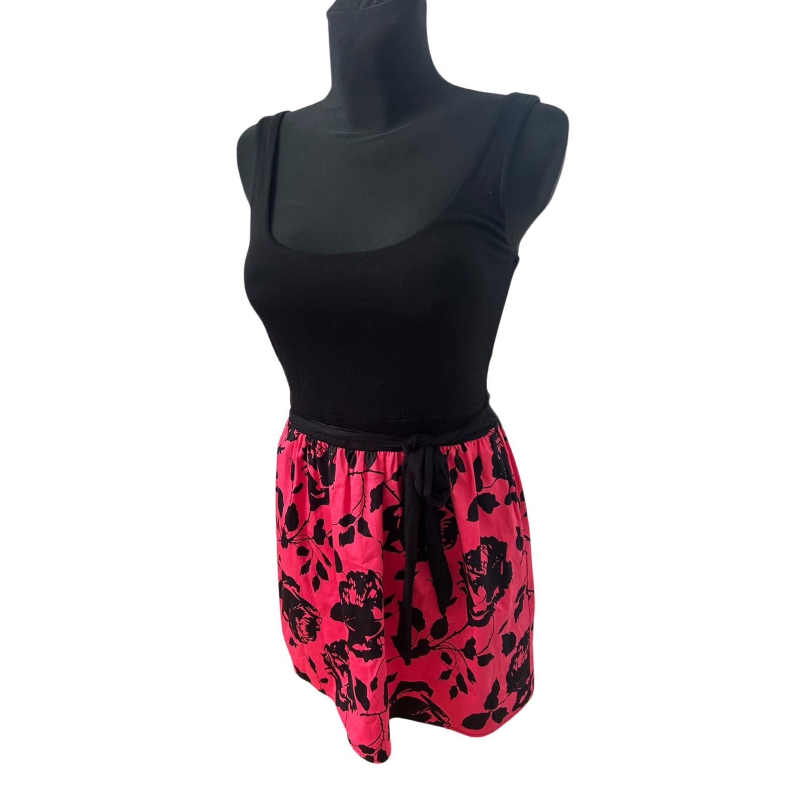 Fishbone Kleid Damen Gr S Schwarz Pink Blumen Sommerkleid Gürtel Femininer