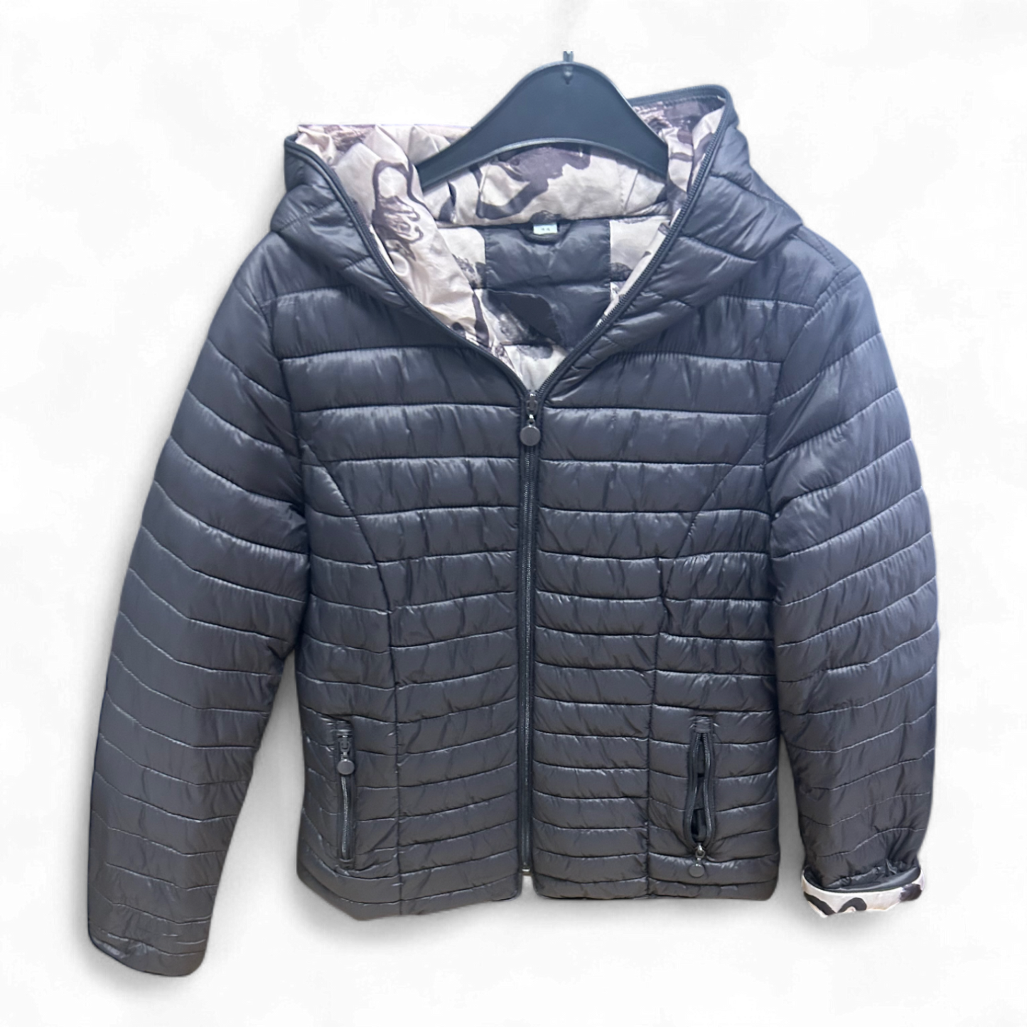 Vittoria Fashion Jacke Gr 44 Anthrazit Steppjacke Kapuze Futter Print 62 cm