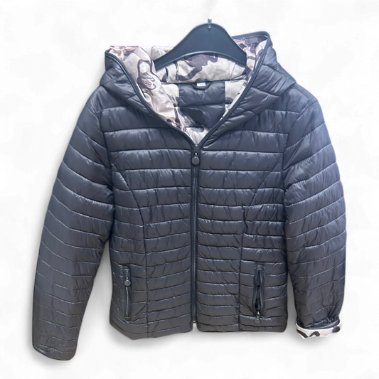 Vittoria Fashion Jacke Gr 44 Anthrazit Steppjacke Kapuze Futter Print 62 cm