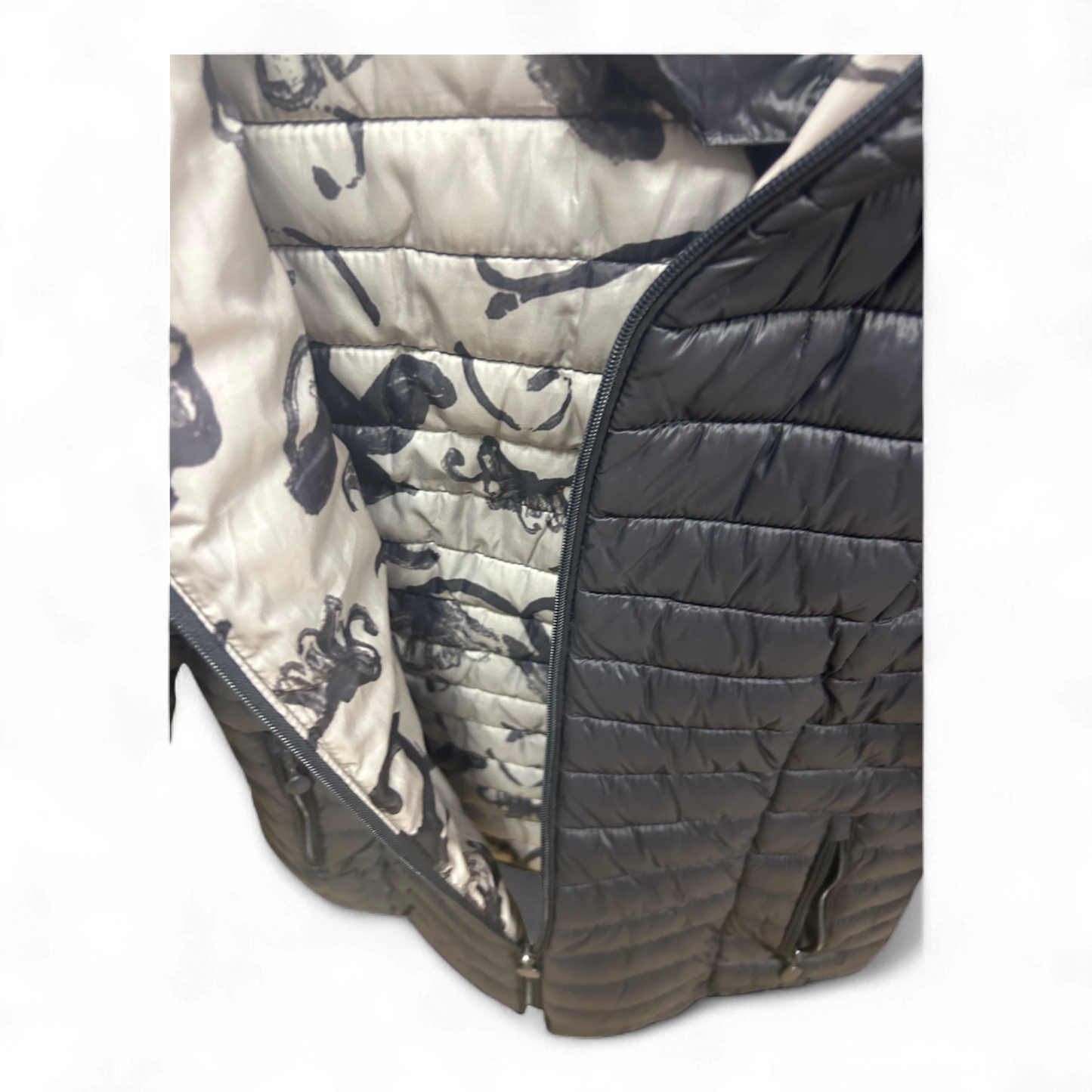 Vittoria Fashion Jacke Gr 44 Anthrazit Steppjacke Kapuze Futter Print 62 cm