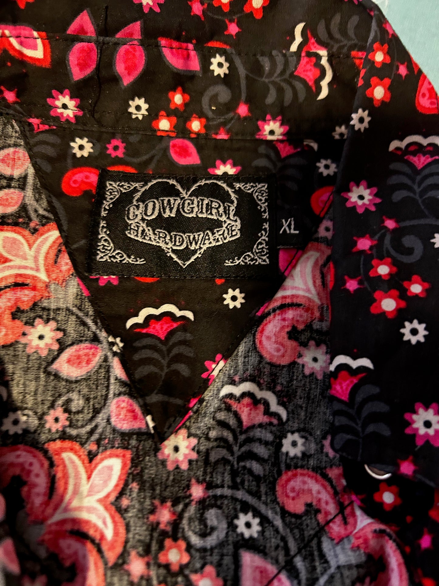 Damen Bluse Western Gr S Schwarz Pink Baumwolle Druckknöpfe Glitzer Vintage