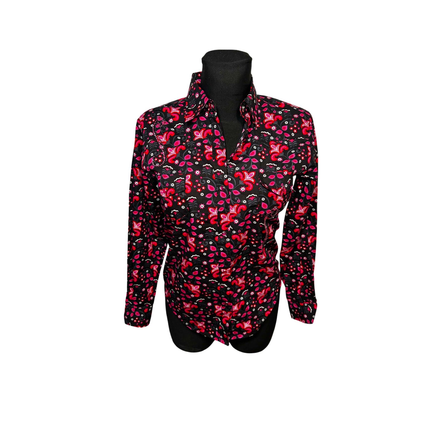 Damen Bluse Western Gr S Schwarz Pink Baumwolle Druckknöpfe Glitzer Vintage