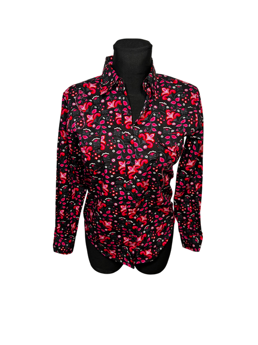 Damen Bluse Western Gr S Schwarz Pink Baumwolle Druckknöpfe Glitzer Vintage