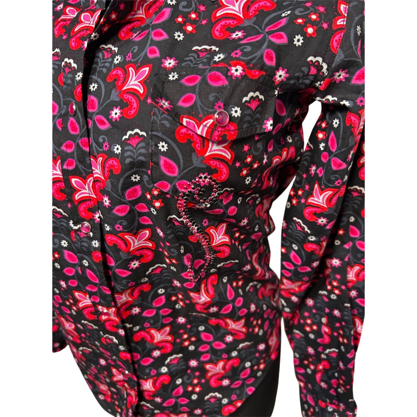 Damen Bluse Western Gr S Schwarz Pink Baumwolle Druckknöpfe Glitzer Vintage